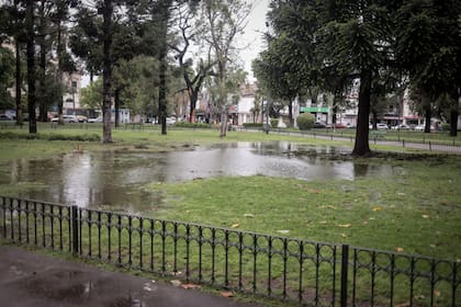 Buena parte del césped de la Plaza Arenales, en Devoto, se convirtió en lago por la acumulación de la lluvia