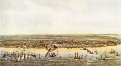 “Buenos Aires, a vista de pájaro”. Litografía de Jean Desiré Dulin. 1864.
