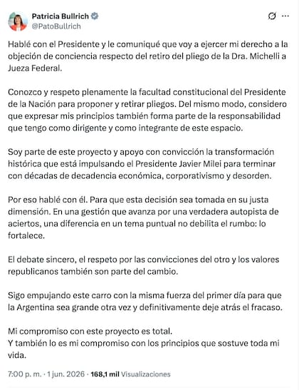 Bullrich se desmarcó del Gobierno respecto al retiro del pliego de MIchelli y se negó a votar a favor en el Senado