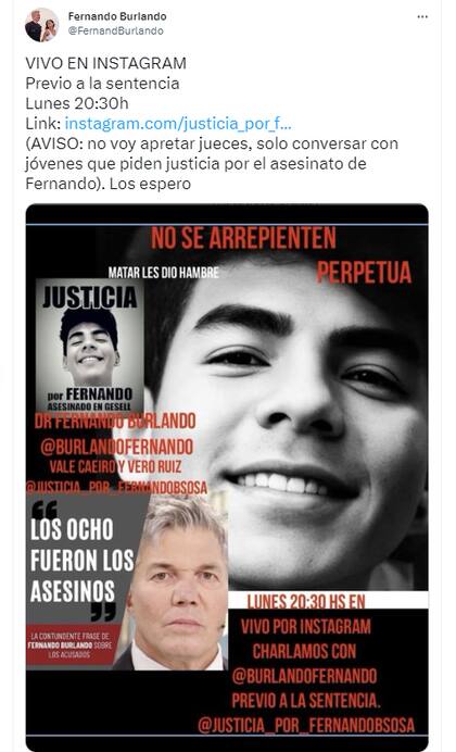 Burlando anunció que hará un vivo en Instagram