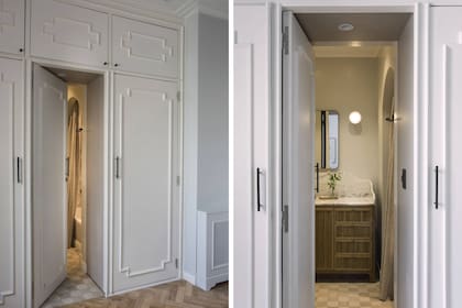 “Buscamos que el vanitory del baño de esa suite fuera elegante e imponente, tanto por su tamaño como por la complejidad de las terminaciones”, revela Mitjans. Piso en marmetas de piedra.
