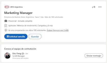 Búsqueda laboral de BYD en la Argentina