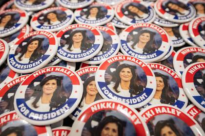 Buttons are seen on a table before US Republican presidential hopeful and former UN Ambassador Nikki Haley speaks during a campaign rally in Portland, Maine, on March 3, 2024. (Photo by Joseph Prezioso / AFP)�