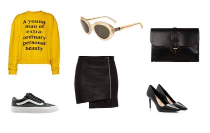 Buzo (AyNotDead, $1485) Pollera (Sette) Zapatillas (Vans, $2090) Zapatos (Via Uno, $2299) Sobre (Prune, $110) Anteojos (Absurda)