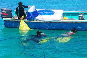 Buzos suben a una embarcación bolsas con basura hallada en el fondo del mar