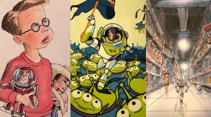 Buzz Litghyear retratado en un boceto en brazos de Andy, protagonista de la escena en la obra presentada por Costhanzo y en storyboards del estudio