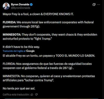 Byron Donalds apuntó contra Jacob Frey en X