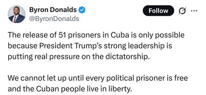 Byron Donalds celebró la liberación de presos en Cuba y elogió a Trump
