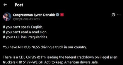 Byron Donalds retoma en su agenda la propuesta de ley que busca modificar las condiciones de la licencia CDL