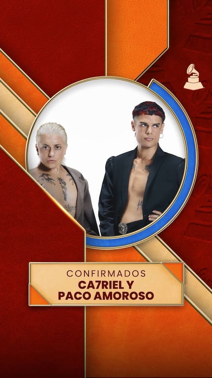 CA7RIEL y Paco Amoroso se presentarán en vivo durante los premios Latin Grammy en Las Vegas (Foto: Instagram @latingrammys)