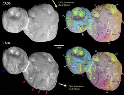 Cada uno de los montículos de Arrokoth presenta similitudes estructurales entre sí Fuente: South Research Institute