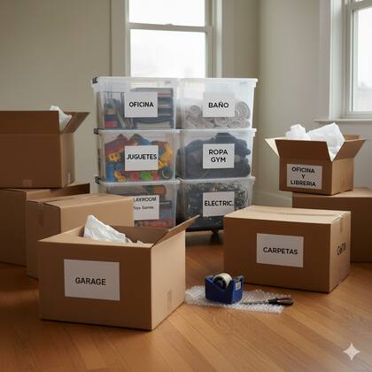 Cajas transparentes y de cartón rotuladas con claridad para ayudar a ubicar rápidamente los objetos