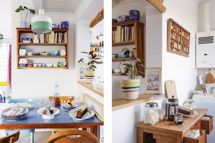 La consigna es apostar por lo que tiene valor, más allá de que sea nuevo o no. Mesa de fórmica azul (Mercado de Pulgas) con platos de cerámica y vasos (Diseño Vivo). Del lado de la cocina, cajón tipográfico (Mercado de San Telmo). Fichero antiguo (Mercado de Pulgas).