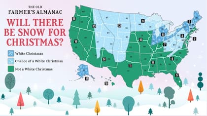 Calendario de Old Farmers Almanac de los lugares de EE.UU. que tendrán nieve en Navidad 2025 (OldFarmersAlmanac)