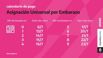 Calendario de pago de julio de la Asignación Universal por Embarazo