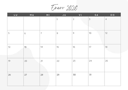 Calendario mensual 2026 para imprimir: enero
