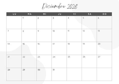 Calendario mensual 2026 para imprimir: diciembre