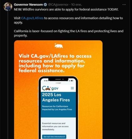 California lanzó un sitio web para que los afectados por los incendios accedan a recursos e información sobre cómo presentar la solicitud de asistencia