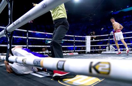 Callum Smith (right) looks around as Mathieu Bauderlique remains down during their Final Eliminator for the WBC Super-Middleweight Title fight at the King Abdullah Sport City Stadium in Jeddah, Saudi Arabia. Picture date: Saturday August 20, 2022. (Photo by Nick Potts/PA Images via Getty Images)