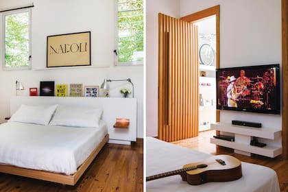 Cama baja frente a la cabecera de MDF, retirada unos centímetros de la pared para darle lugar a los enchufes), con planos de madera a modo de mesas de luz. Fotos: Santiago Ciuffo