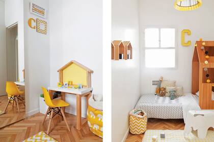 Cama ‘Casita’ (Éclat), lámpara de tela plisada (Issei), estantes decorativos ‘Casitas’ en paraíso y escritorio laqueado (ambos de Tremobler).