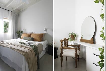 Cama con almohadones, cover, mantas y pie de cama (todo de Lote Propio). Apliques de pared (Apatheia). Banco de madera (Gaido) usado como mesa de noche, con jarra y vaso de vidrio (Philippa Deco Boutique). La silla antigua fue otro hallazgo callejero de María Eugenia.