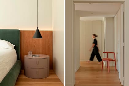 Cama diseñada por el estudio (fabricado por Mariana Bernal). Mesa de luz cilíndrica y silla de acceso al dormitorio (Taller Ferro). Artefacto de iluminación (Dimm).