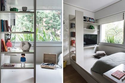 Cama, escritorio y biblioteca laqueados en ‘Gris Fósil’ (Alba) diseñado por Valeria Lamas.