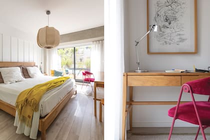 Cama (Melazza). Sillón (Broca). Lámpara colgante ‘Arturito’ (Talleres Sustentables). Escritorio (Marini Estudio). Cuadro (Martín Villalonga). Silla magenta (La Feliz).