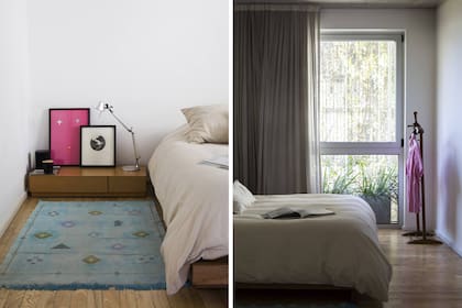 Cama y mesa de luz bajas, en madera. Ropa de cama (Muji). Alfombra comprada en Marruecos. Cuadro con fondo magenta de Jorge Pomar. Lámpara ‘Tolomeo’ mini (Artemide). Cortinas (Hilo).