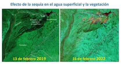 Cambio rotundo. A la izquierda, la superficie con agua en Corrientes en febrero de 2019. A la derecha, la situación actual. Bajó de 40 a menos de 15% el área con agua. Gentileza Pablo Mercuri