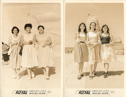 Camila Belén González Camarero recreó con dos amigas una foto de su abuela con dos amigas en Mar del Plata