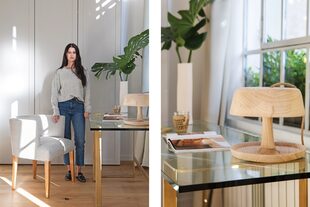 Camila Btesh junto a un sillón tapizado en pana (Tapicería Carlos Méndez). Sobre el escritorio (The Stock), florero artesanal (Leila Córdoba) y velador ‘Wood’ (MagsDesign).
