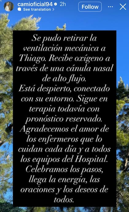 Camila compartió una actualización del estado de salud de Thiago Medina