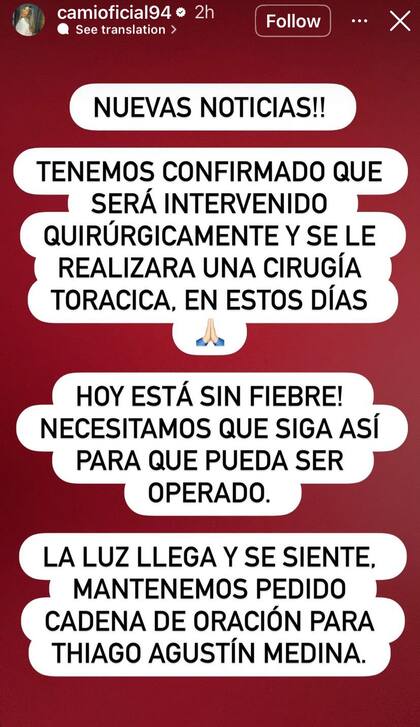Camila, hermana de Thiago Medina, confirmó que el exparticipante de Gran Hermano será operado