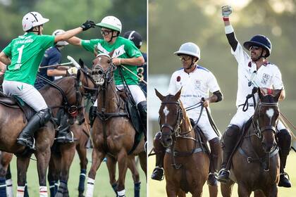 Camilo y Bartolomé (h.) Castagnola celebran el pase a su primera final de Triple Corona, tras el 13-10 frente a La Dolfina; Nero y Facundo Sola festejan el triunfo sobre Ellerstina en la otra zona del Abierto de Hurlingham.