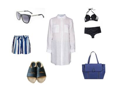 Camisa (Chocolate, $2700) Short (Clara, $1500) Bikini (Audace) Sandalias (Abelarda, $900) Anteojos (Elizabeth Arden) Cartera (Prune, $1100)