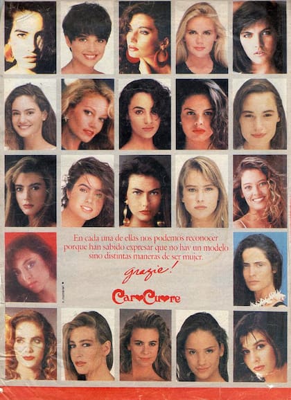 Campaña Caro Cuore 1991, con una selección de modelos argentinas. De izquierda a derecha: Azucena Caamaño, Araceli Gonzalez, Mariana Arias, Elizabeth Márquez, Claudia Betoldi, Vanesa Teisaire, Raquel Satragno, Maria Cersósimo, Gabriela Lopez Lamia, Barbara Durand, Victoria Nocceti, Florencia Raggi, Paula Siero, Valeria Mazza, Sol Acuña, Marian Marcheto, Alejandra Macilo, Karina Laskarin, Sofia Pereyra, Florencia Florio, Maria Ines Rivero, Ethel Brero
