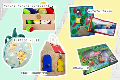 Canasto de Frutas de Ponchi Ponchi comiditas $680 / Mochila de Surtido Hules $600 / Casita de cerraduras de Fogi Juguetes $1650 / Libro didáctico de Gatoto trapo $500 / Caza de bichos de Grabatto $124