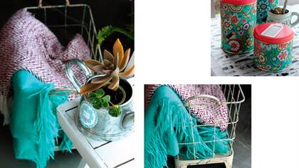 Canasto de hierro de Vicky provenzano Deco $1046 / Regadera $272 de Acabajo / Set 2 Latas, termo (viene también con matera en el mismo estampado) $1400 de Matete / Mate de cerámica pintada de Diseño Circular $150 / Individuales de Chimi Set x 4 $162