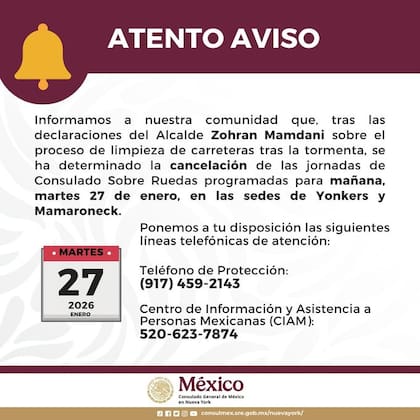 Cancelan jornadas del consulado móvil en Nueva York por nevadas (X @ConsulMexNuy)