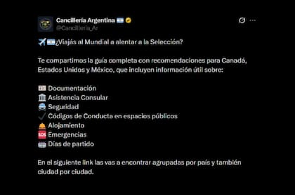 Cancillería Argentina compartió una guía con recomendaciones para los argentinos que viajen al Mundial de Estados Unidos, Canadá y México