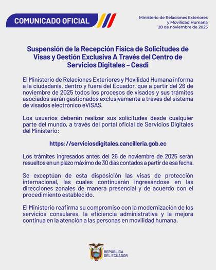 Cancillería de Ecuador elimina el trámite presencial de la visa (X @CancilleriaEc)