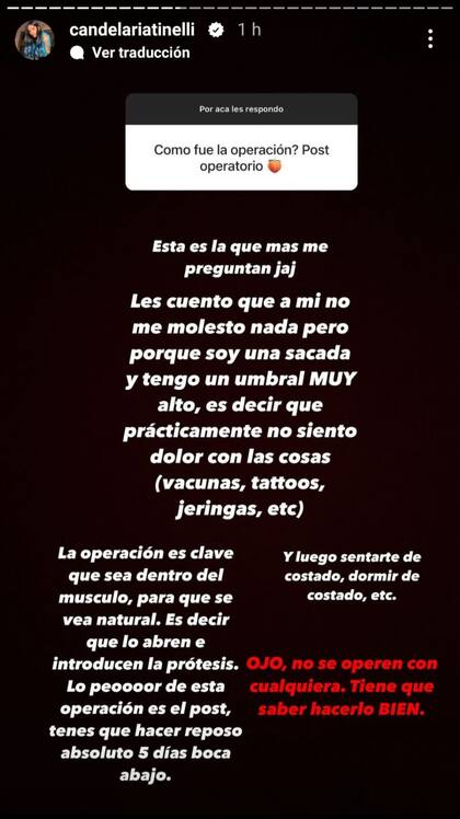 Cande Tinelli dio detalles del doloroso post operatorio tras agrandarse los gluteos