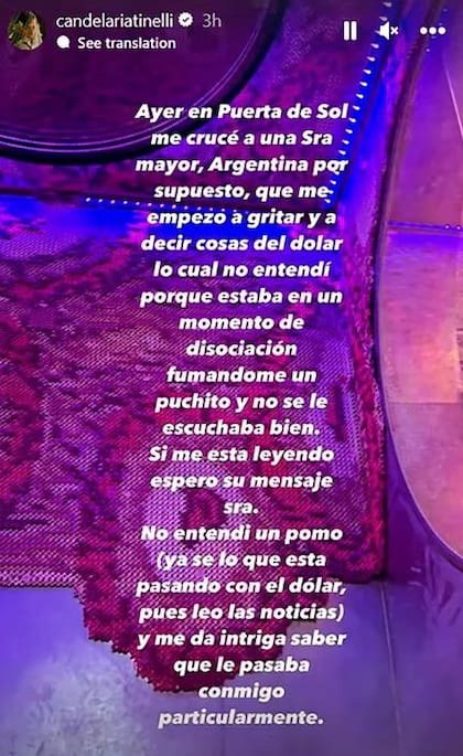 Cande Tinelli hizo público el mal momento que vivió en Madrid con una mujer argentina (Foto: Instagram)