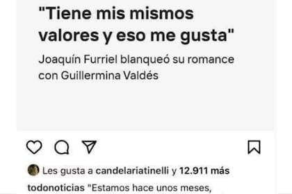 Candelaria Tinelli le puso Me Gusta a un posteo de TN sobre Guillermina Valdes y Joaquín Furriel, pero después lo borró