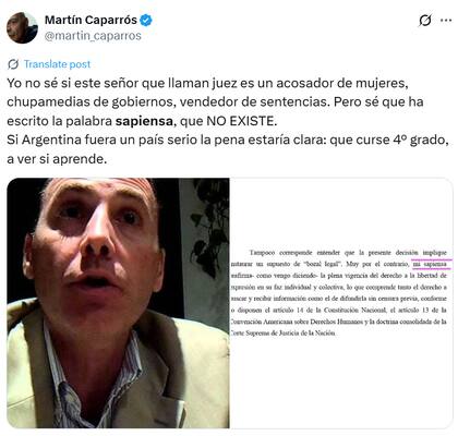 Caparrós se refirió al juez que falló a favor de frenar la difusión de audios de Karina Milei (Fuente: X @martin_caparros)