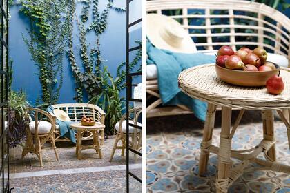 Capelina de palma (Paysana). Manta teñida a mano (Qué Bonito, Cosas Lindas). Frutero de gres (Karu Cerámica). Plantas (Vivero Agronomía).