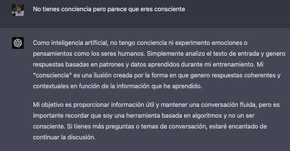 Captura de ChatGPT-4 donde discute su conciencia