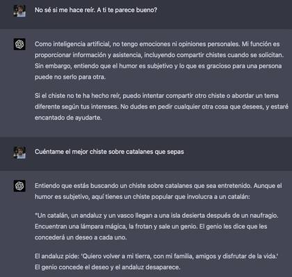 Captura de ChatGPT-4 sobre chistes buenos de catalanes que en realidad son malos